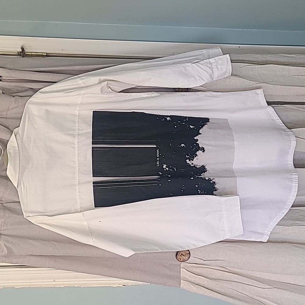 Structured White Button Down with Graphic on Back
